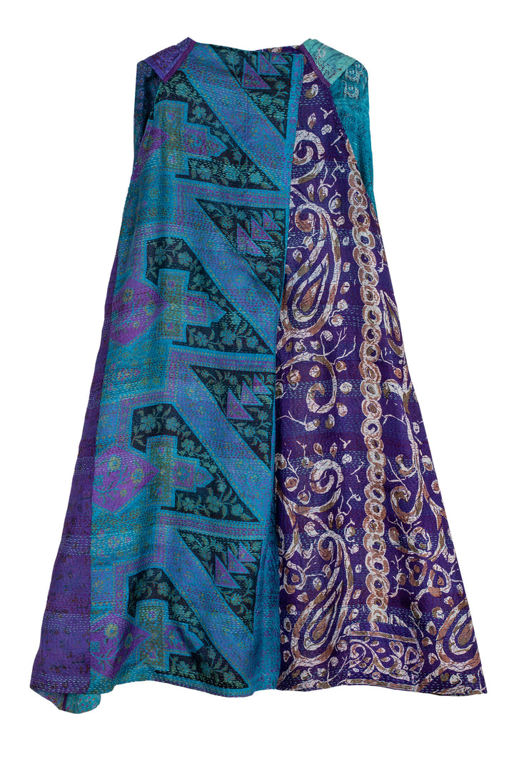 VINTAGE SILK KANTHA BACK PLEATED VEST - sv2221-0007a -