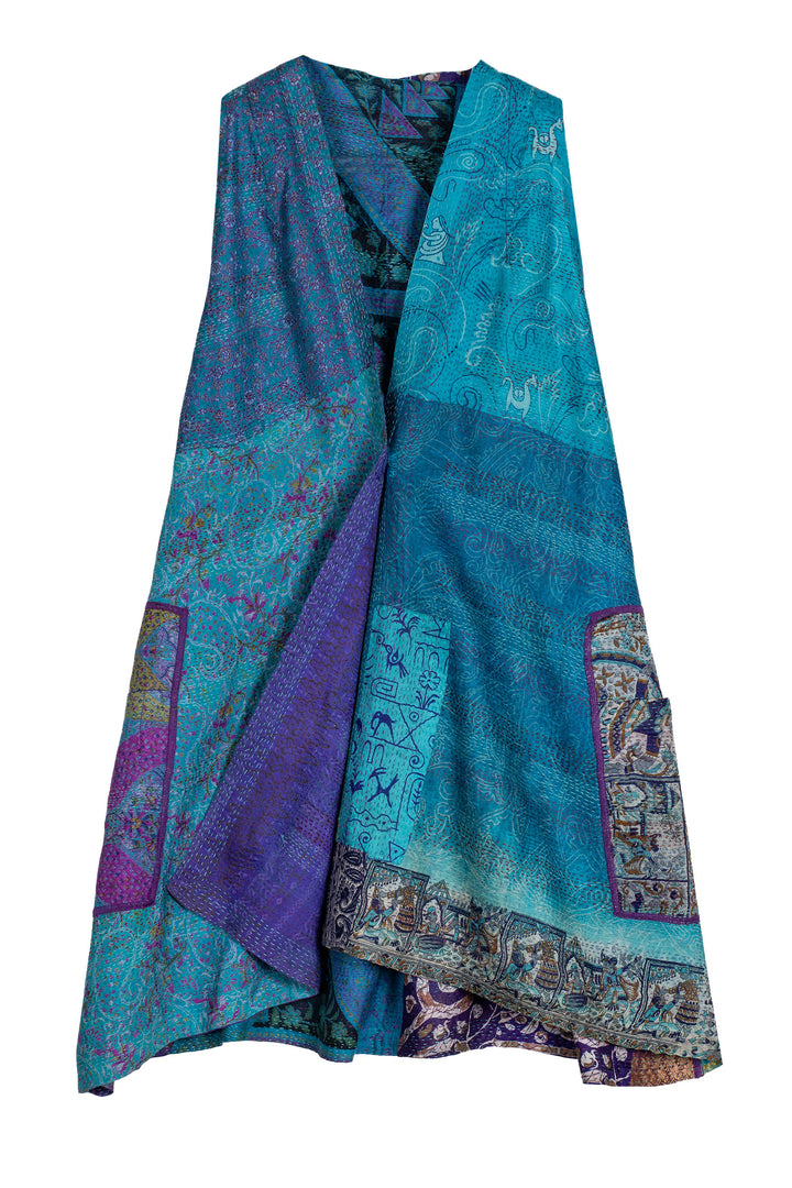 VINTAGE SILK KANTHA BACK PLEATED VEST - sv2221-0007a -