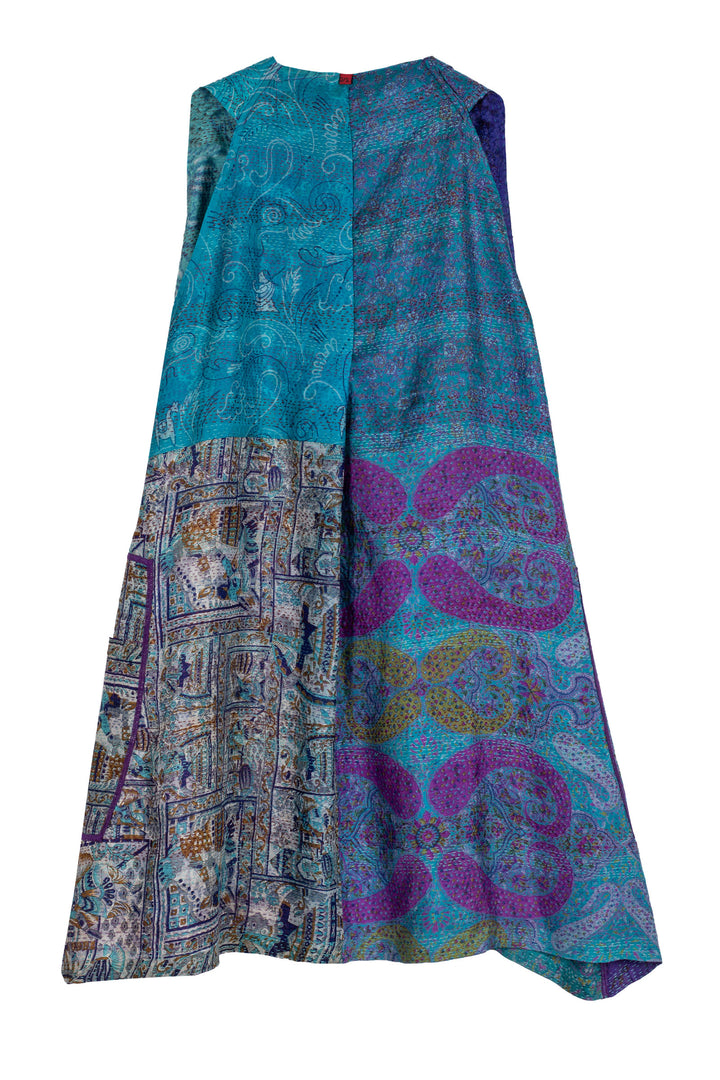 VINTAGE SILK KANTHA BACK PLEATED VEST - sv2221-0007a -