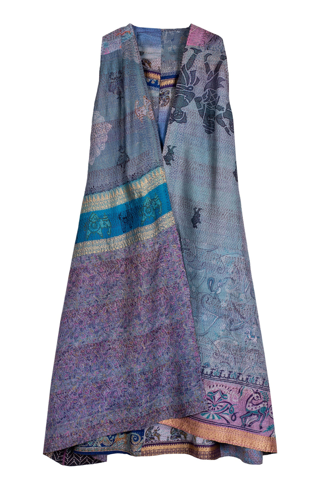 VINTAGE SILK KANTHA BACK PLEATED VEST MAXI - sv2222-0008a -