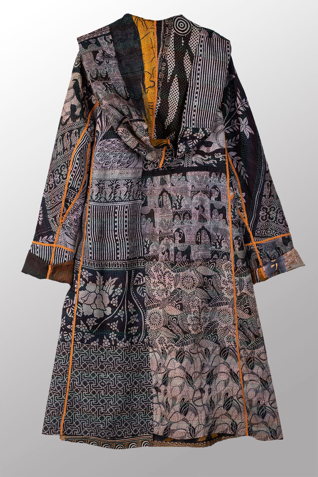 VINTAGE SILK KANTHA HOODED A-LINE LONG COAT - sv2306-0002a -