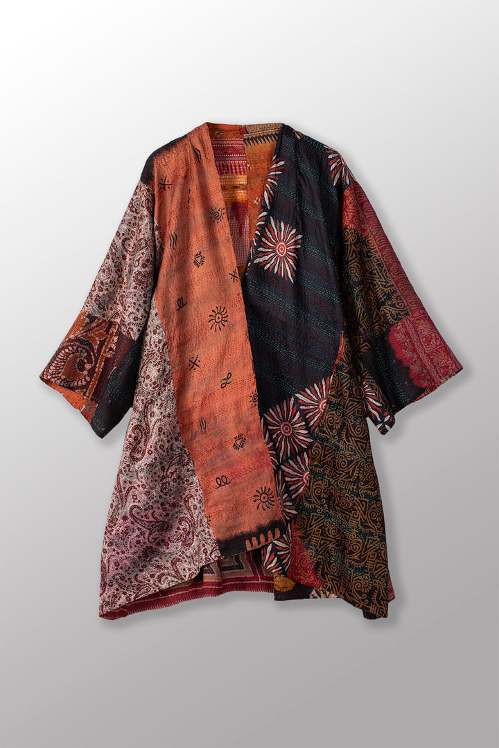 VINTAGE SILK KANTHA KIMONO DUSTER - sv2317-0012a -