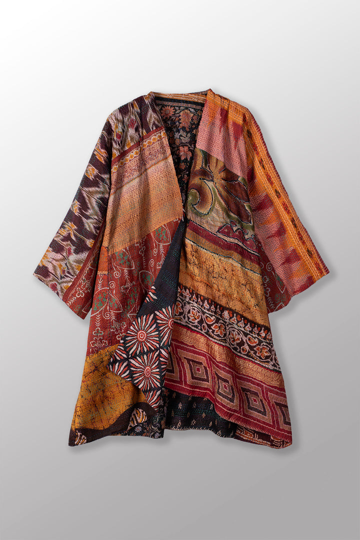 VINTAGE SILK KANTHA KIMONO DUSTER - sv2317-0012a -