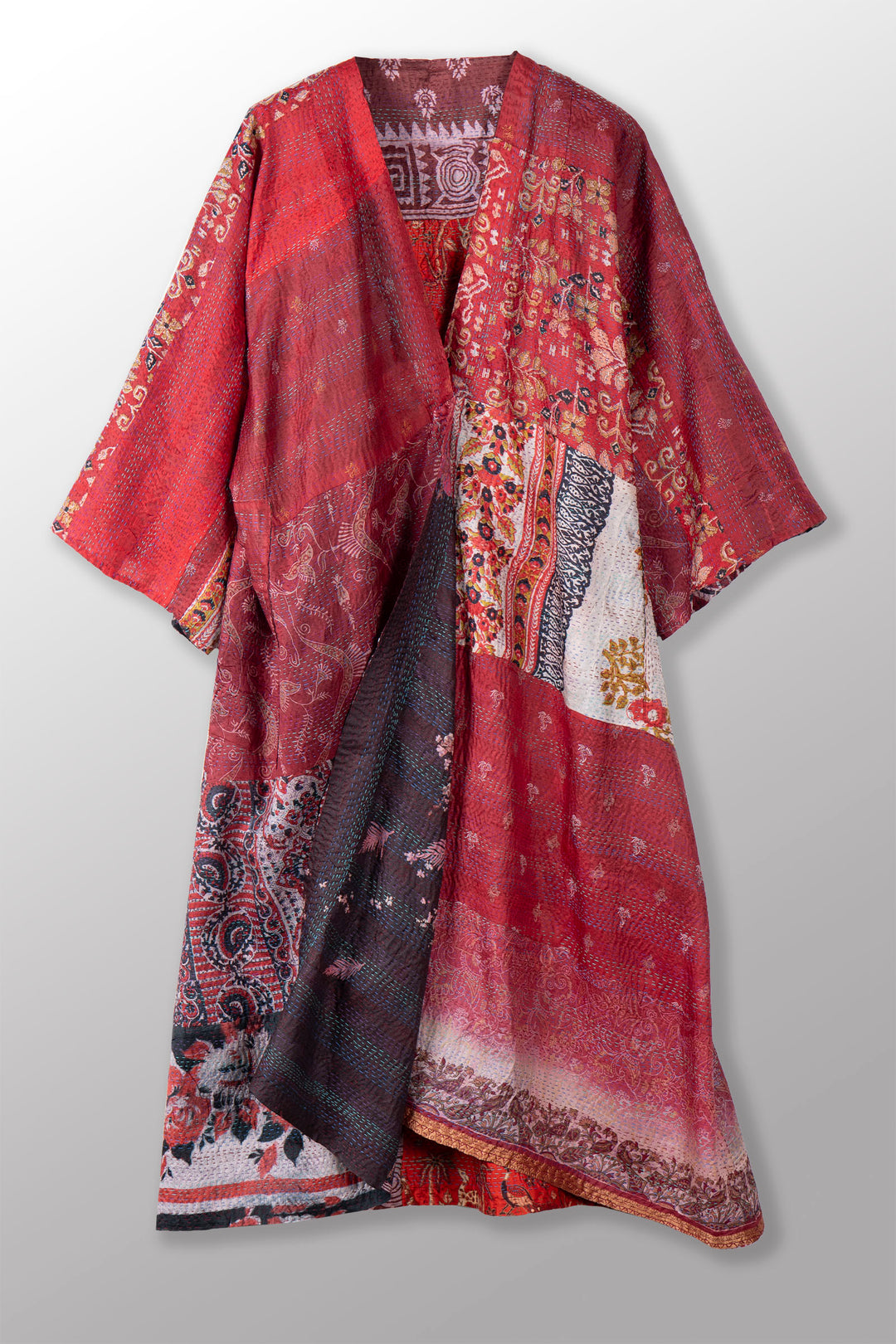 VINTAGE SILK KANTHA KIMONO MAXI - sv2318-0013a -