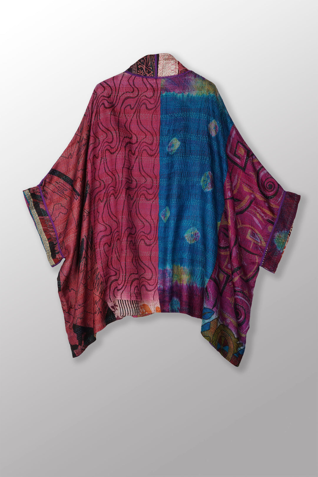 VINTAGE SILK KANTHA DOUBLE COLLAR PONCHO - sv2323-0010a -