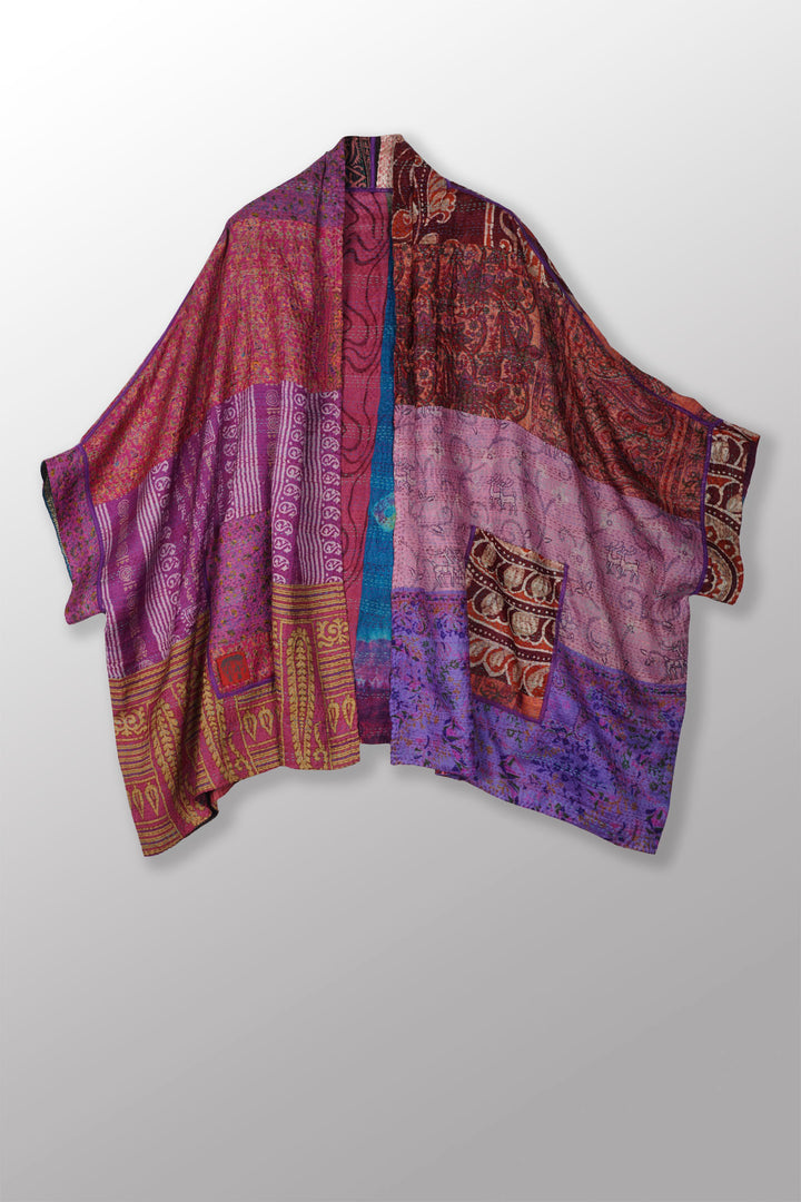 VINTAGE SILK KANTHA DOUBLE COLLAR PONCHO - sv2323-0010a -