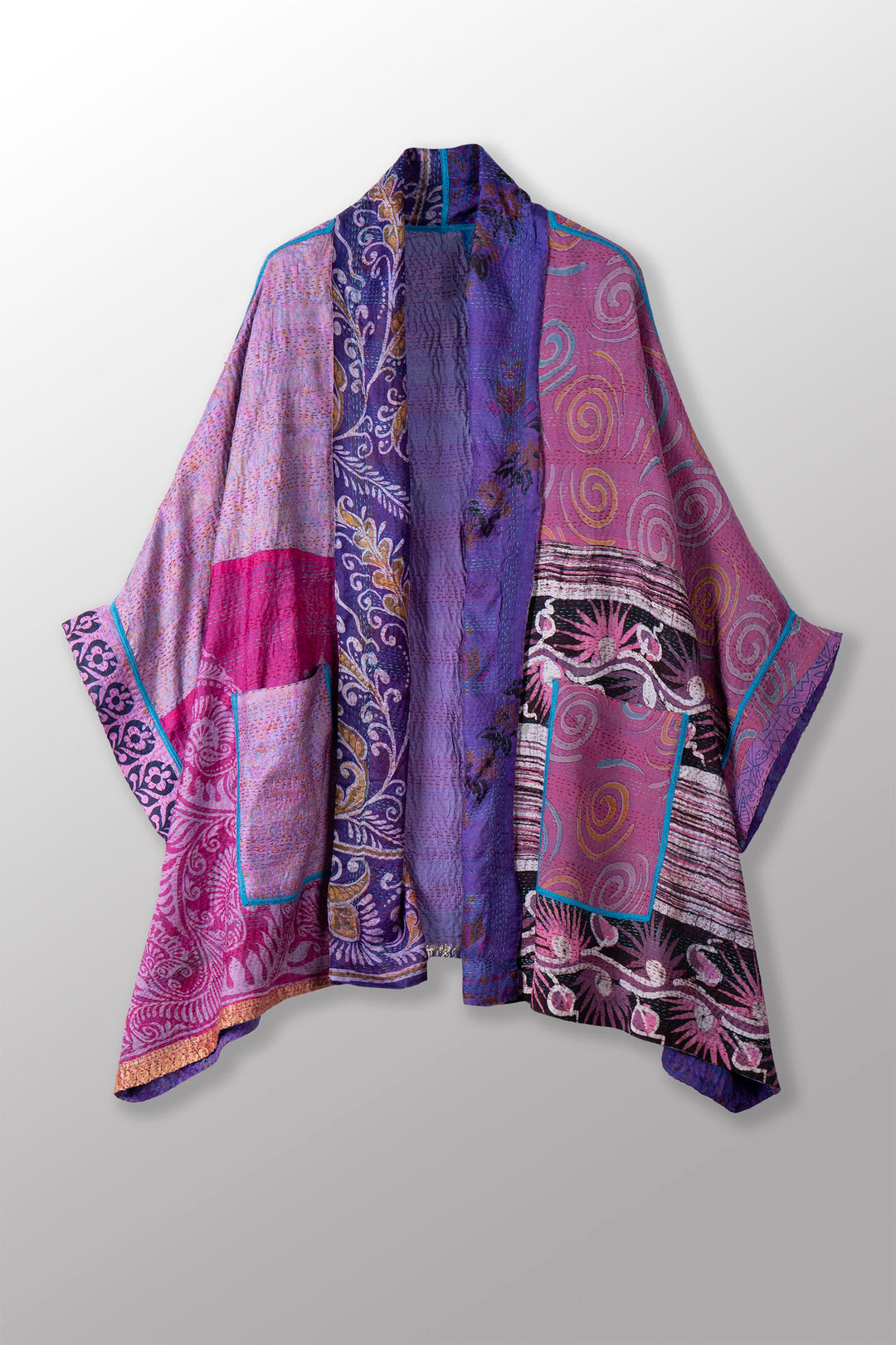 VINTAGE SILK KANTHA DOUBLE COLLAR PONCHO - sv2323-0014a -