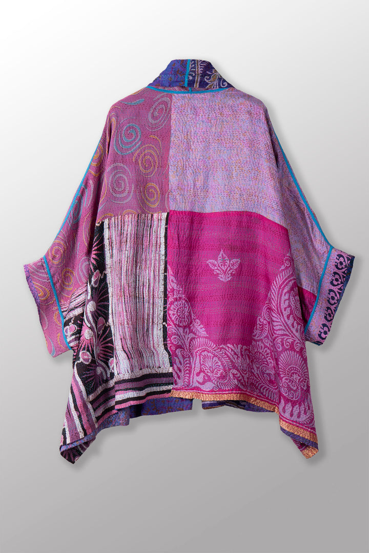 VINTAGE SILK KANTHA DOUBLE COLLAR PONCHO - sv2323-0014a -