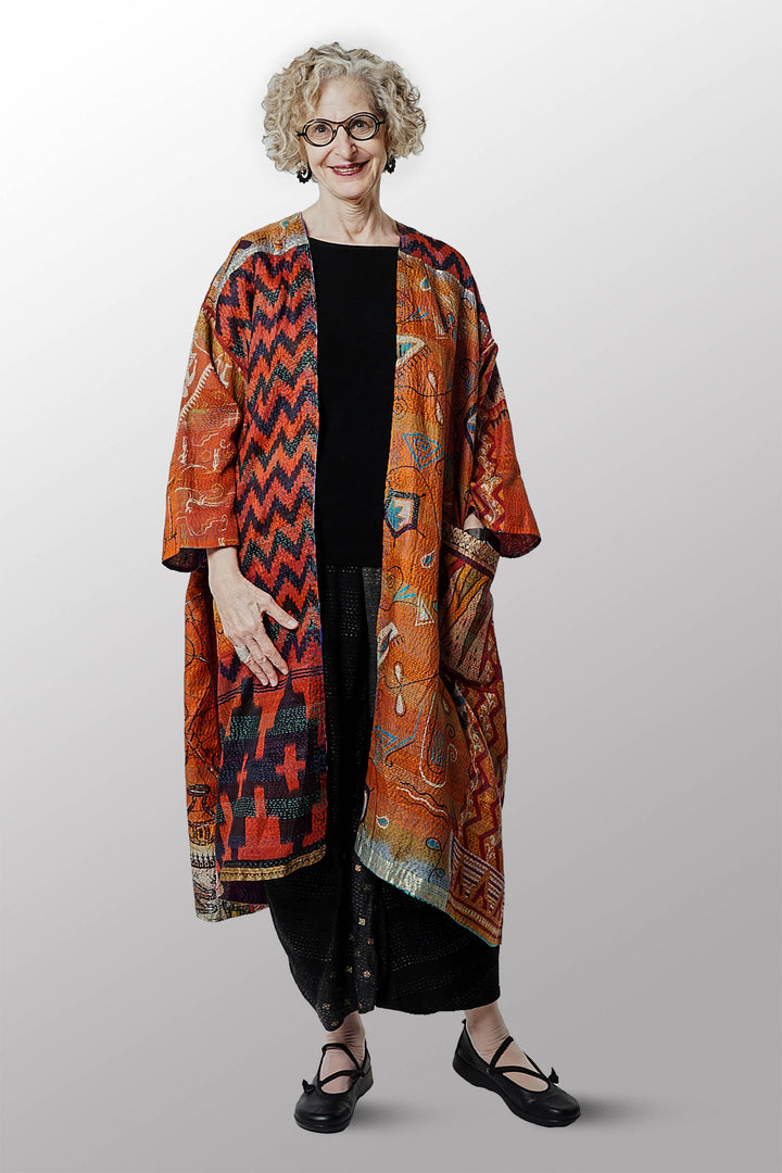 VINTAGE SILK KANTHA LONG DUSTER - sv2328-0002a -