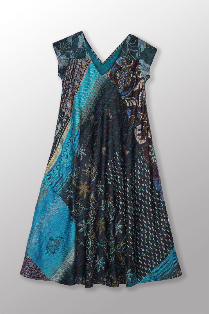 VINTAGE SILK KANTHA CAP SLV. FLARE DRESS - sv2425-0001m -