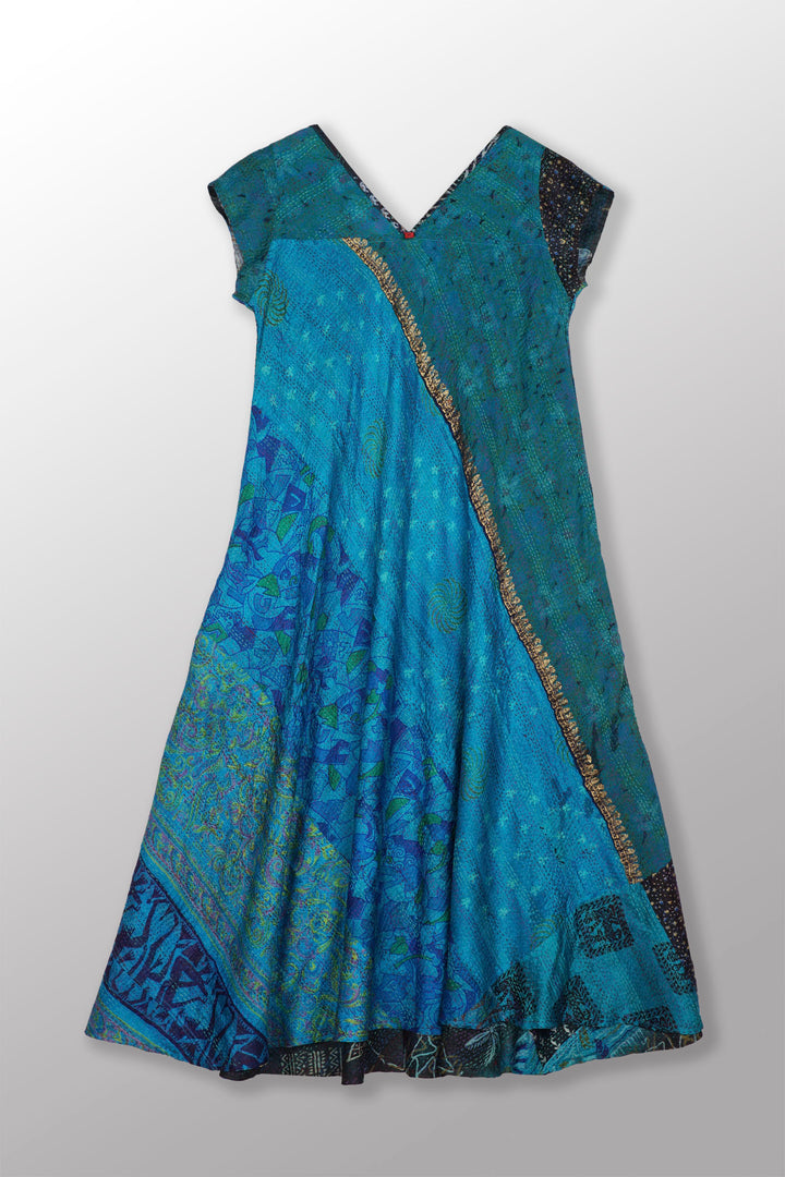 VINTAGE SILK KANTHA CAP SLV. FLARE DRESS - sv2425-0001m -