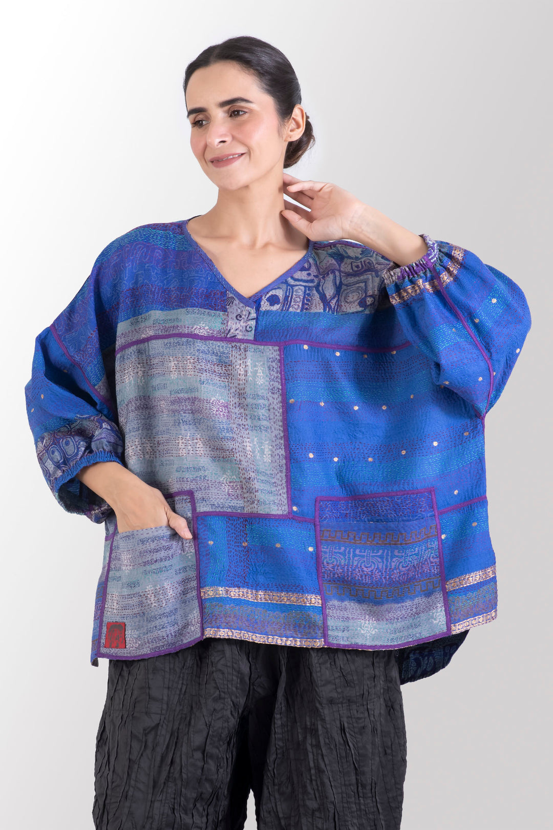 VINTAGE SILK KANTHA BLOCK TOP - sv2559-0001a -