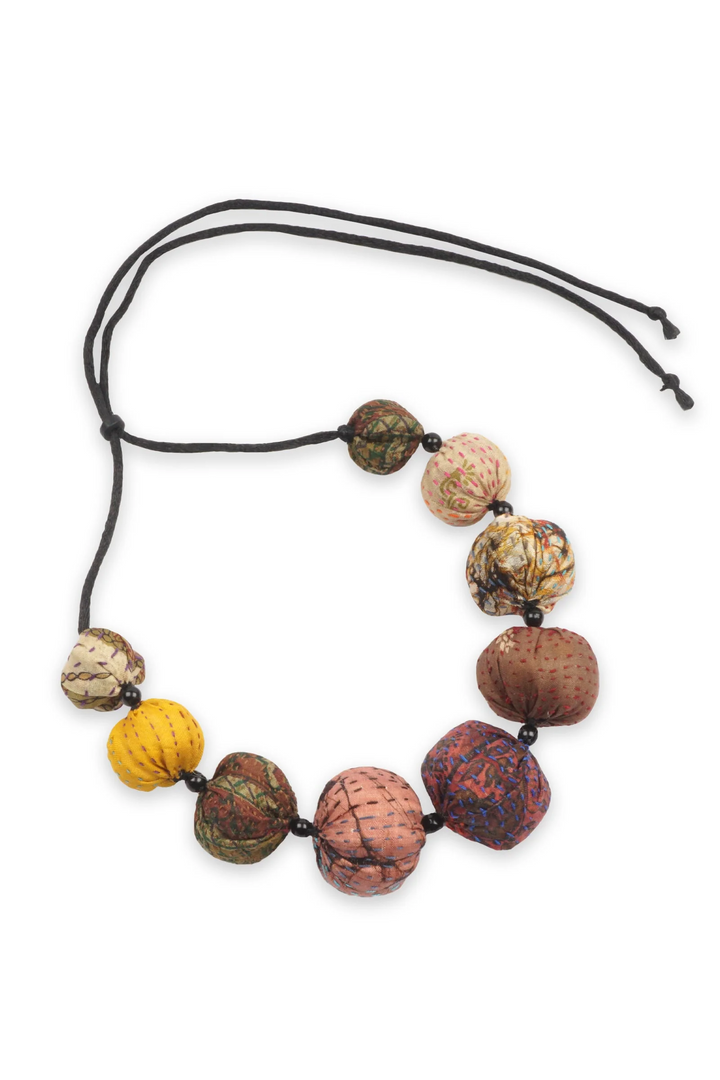 VINTAGE SILK KANTHA NUTS SHORT NECKLACE - sv2700-brn -