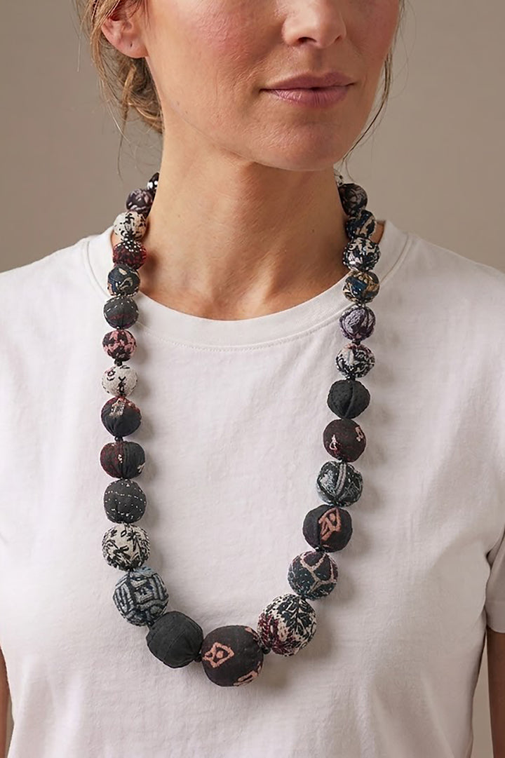 VINTAGE SILK KANTHA NUTS MEDIUM NECKLACE - sv2701-blk -