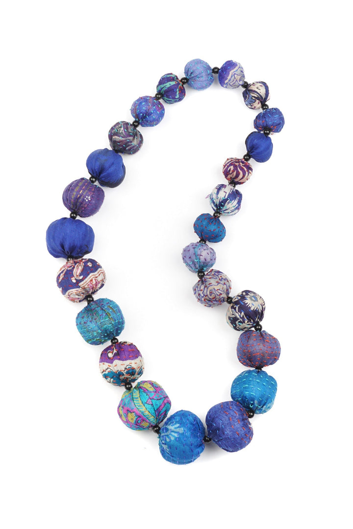 VINTAGE SILK KANTHA NUTS MEDIUM NECKLACE - sv2701-blu -