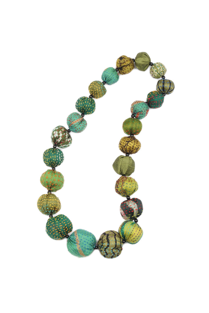 VINTAGE SILK KANTHA NUTS MEDIUM NECKLACE - sv2701-grn -