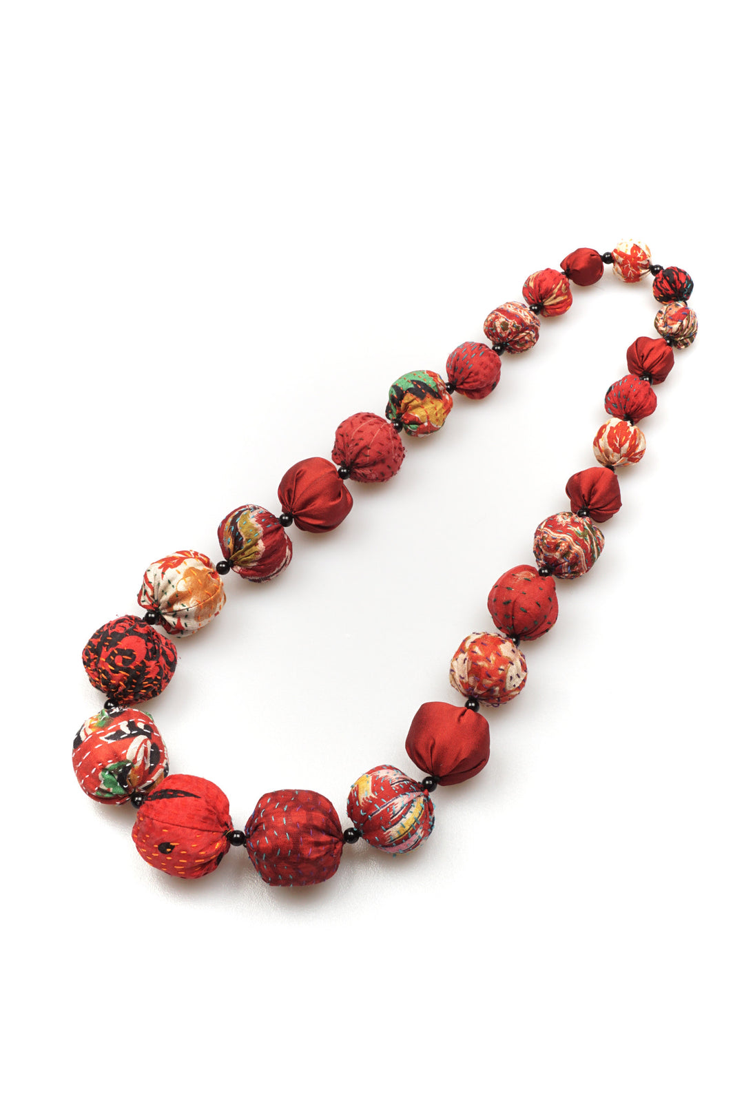 VINTAGE SILK KANTHA NUTS MEDIUM NECKLACE - sv2701-red -