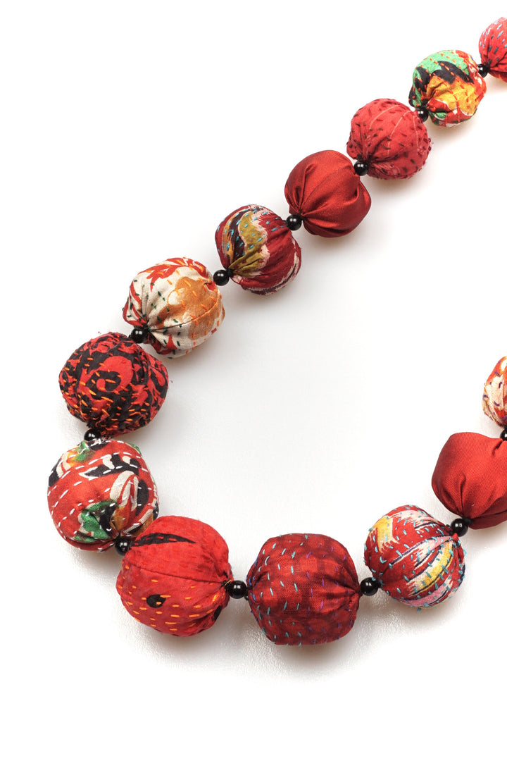 VINTAGE SILK KANTHA NUTS MEDIUM NECKLACE - sv2701-red -