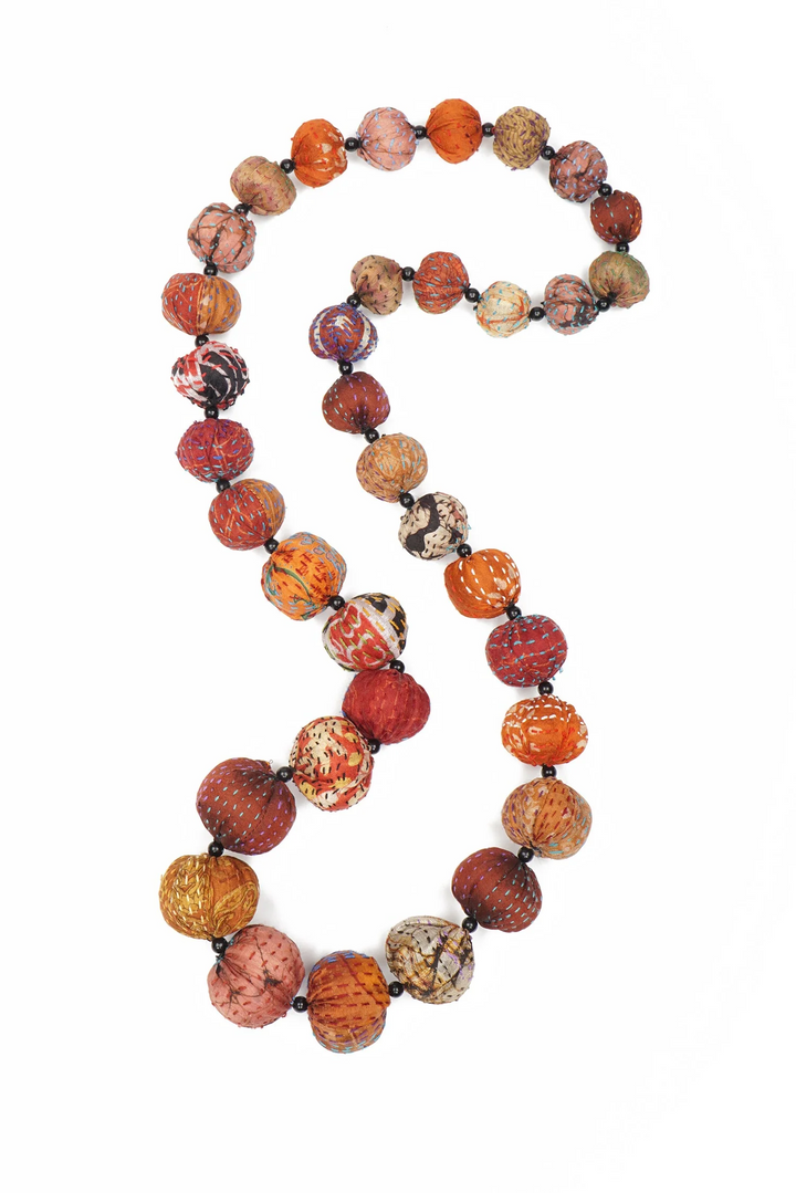 VINTAGE SILK KANTHA NUTS LONG NECKLACE - sv2702-brn -