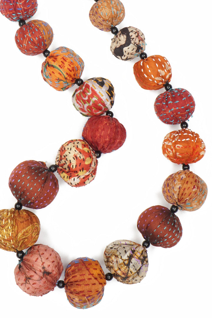 VINTAGE SILK KANTHA NUTS LONG NECKLACE - sv2702-brn -