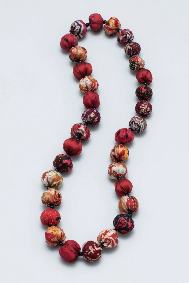 VINTAGE SILK KANTHA SMALL NUTS MEDIUM NECKLACE - sv2705-red -