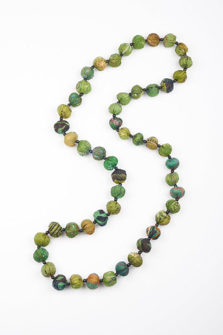 VINTAGE SILK KANTHA SMALL NUTS LONG NECKLACE - sv2706-grn -