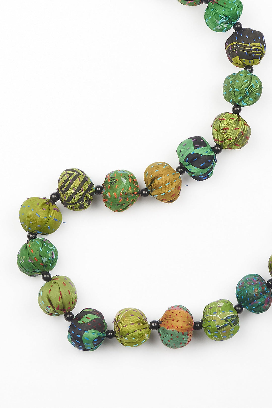 VINTAGE SILK KANTHA SMALL NUTS LONG NECKLACE - sv2706-grn -