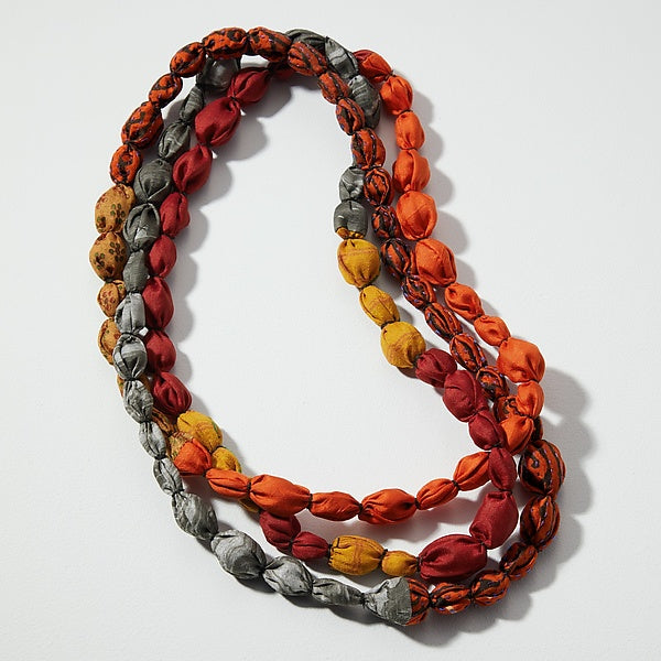 VINTAGE SILK KANTHA TIE-BEADS LONG NECKLACE - sv2707-cor -