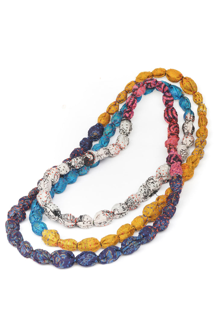 VINTAGE SILK KANTHA TIE-BEADS LONG NECKLACE - sv2707-ylw -
