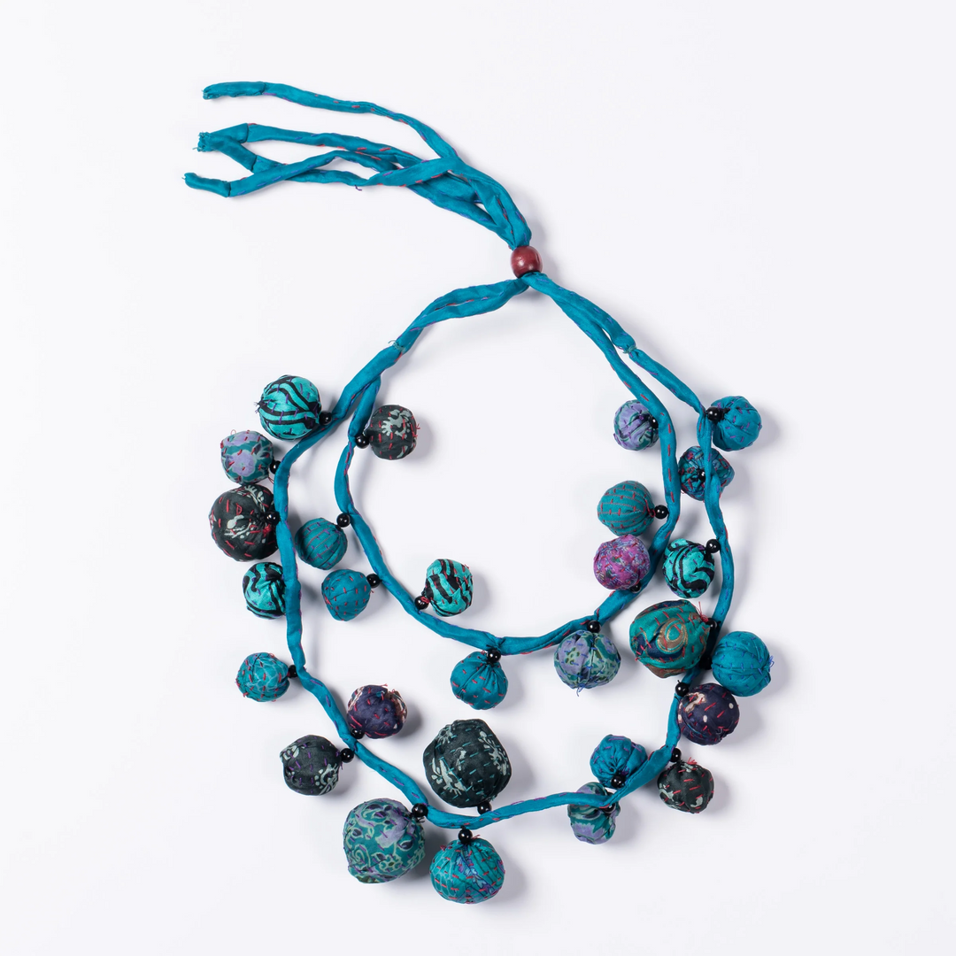 VINTAGE SILK KANTHA TWIGG DOUBLE SHORT NECKLACE - sv2719-tel -