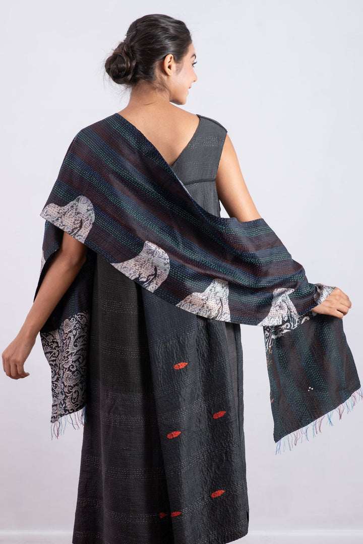 VINTAGE SILK KANTHA SCARF SMALL - sv2800-blk -