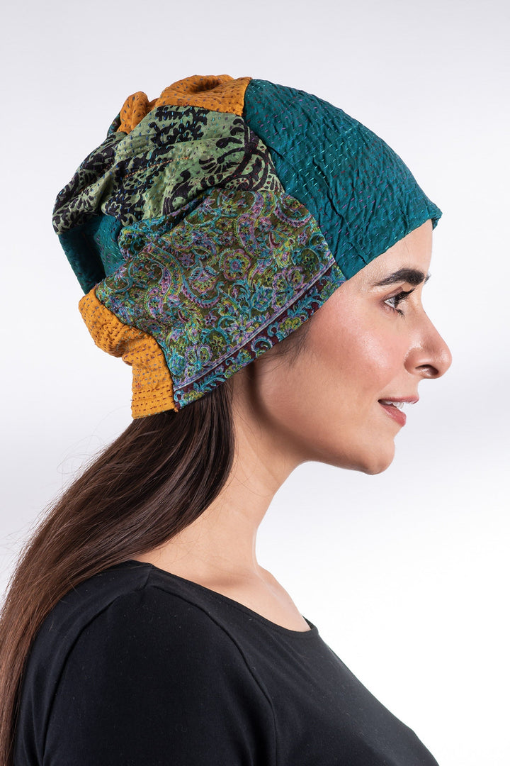 VINTAGE SILK KANTHA PATCHWORK HAT - sv2880-grn -