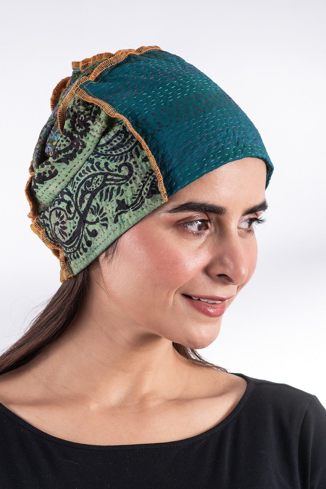 VINTAGE SILK KANTHA PATCHWORK HAT - sv2880-grn -