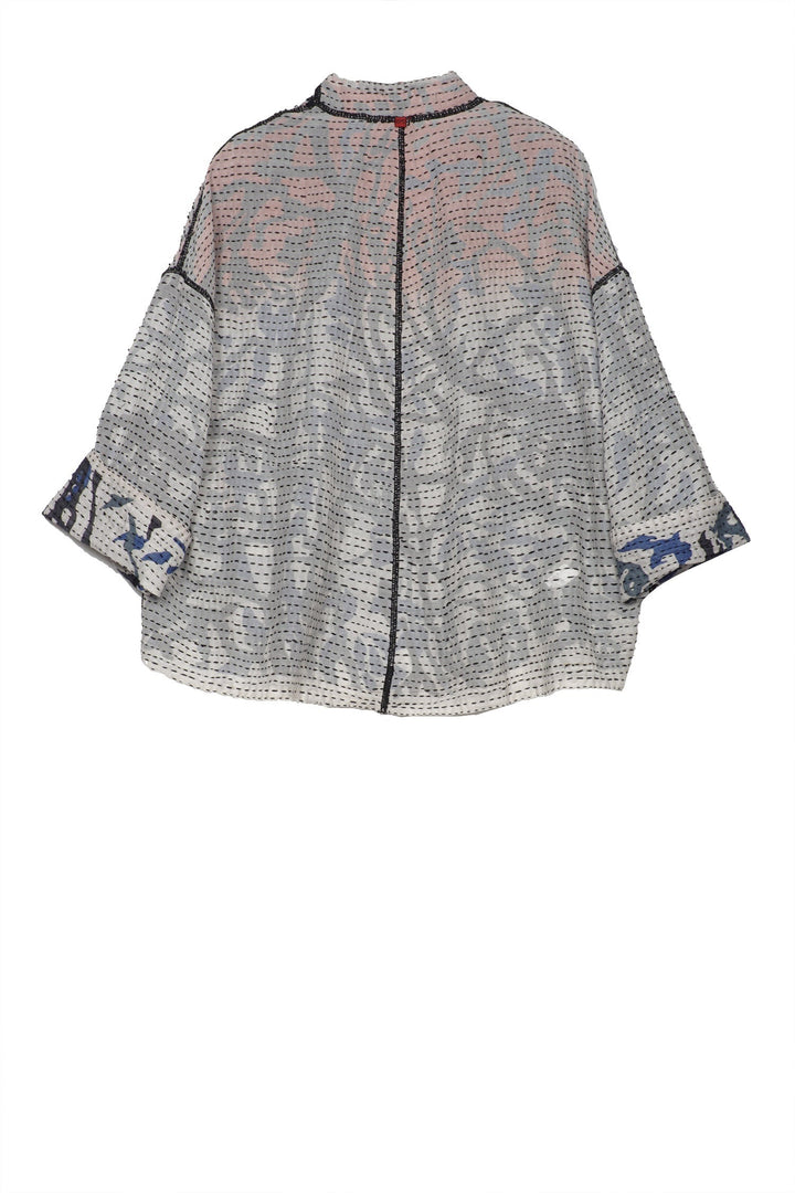 SUMMER BREEZE PRINT KANTHA STAND COLLAR CROPPED JKT - sz2034-blu -