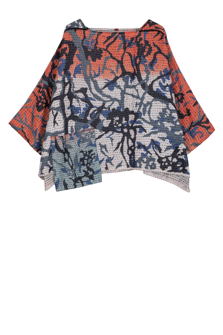 SUMMER BREEZE PRINT KANTHA 3/4 SLV. CROP TOP MIO - sz2538-blu -