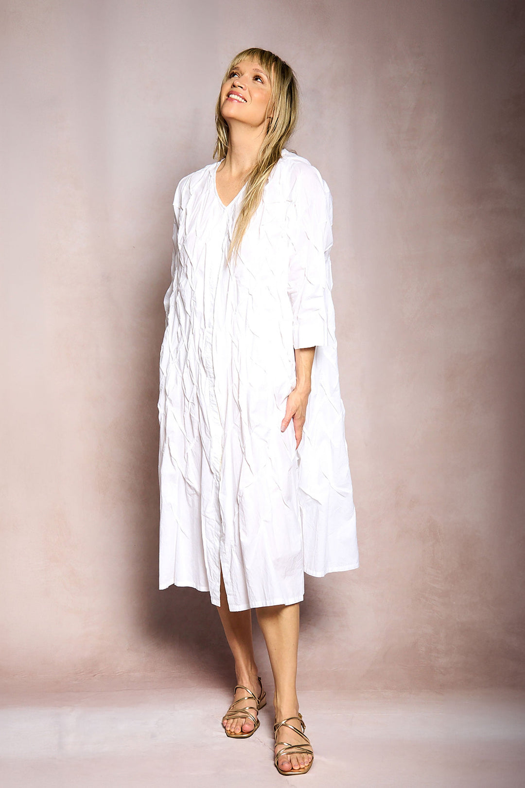 DYED COTTON SILK VOILE WAVY TUCK A-LINE DRESS - dc1453-wht