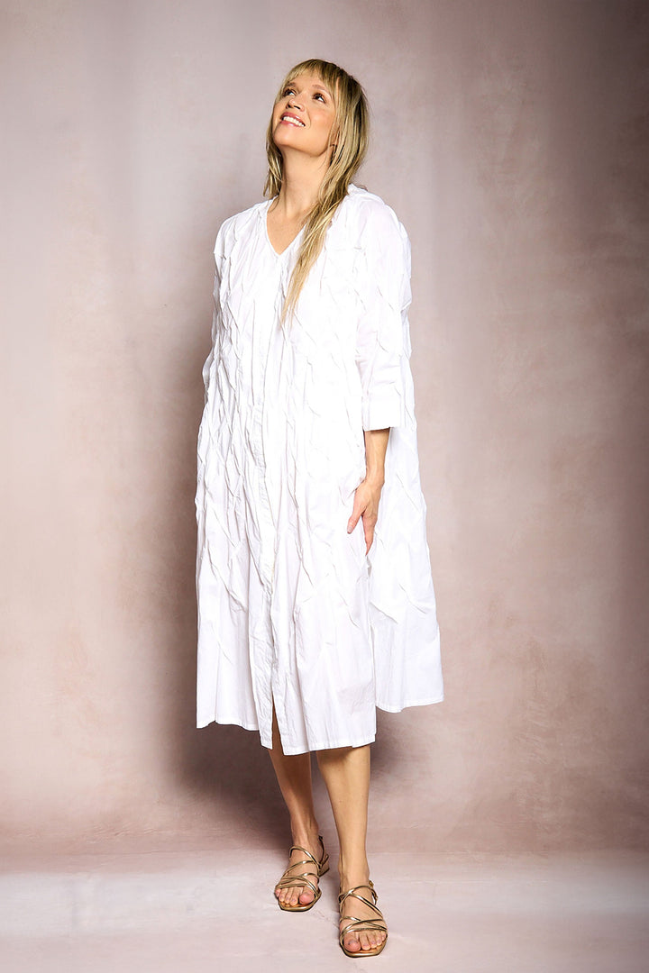 DYED COTTON SILK VOILE WAVY TUCK A-LINE DRESS - dc1453-wht -