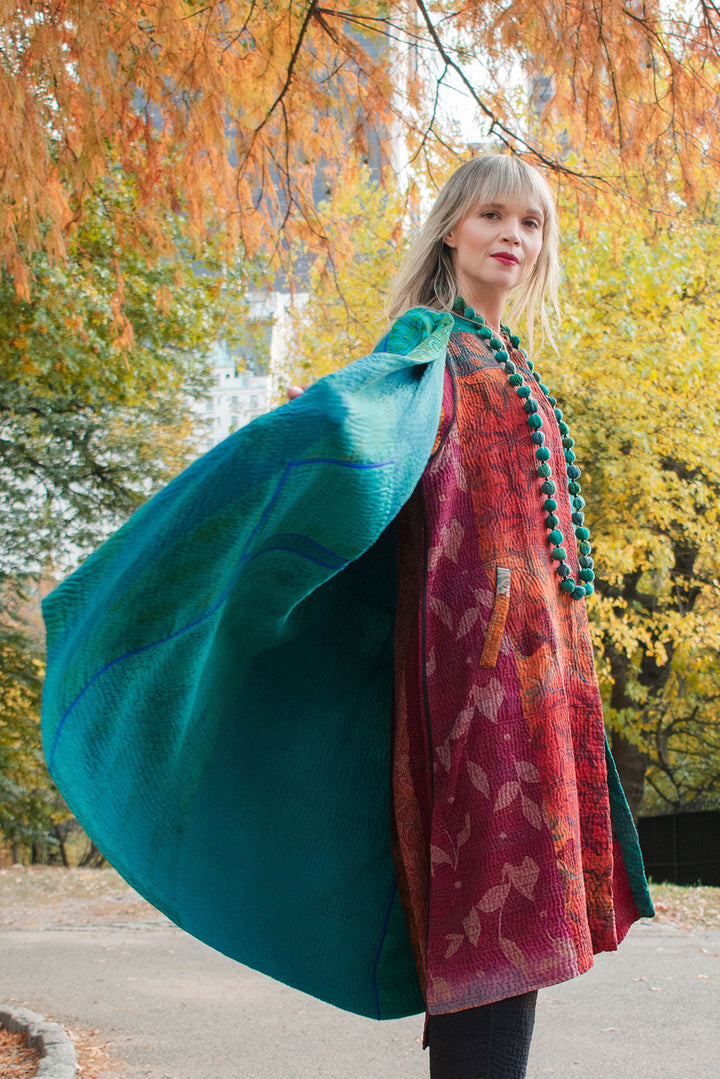 JACQUARD SILK KANTHA KAFTAN COAT - js4343-brn -