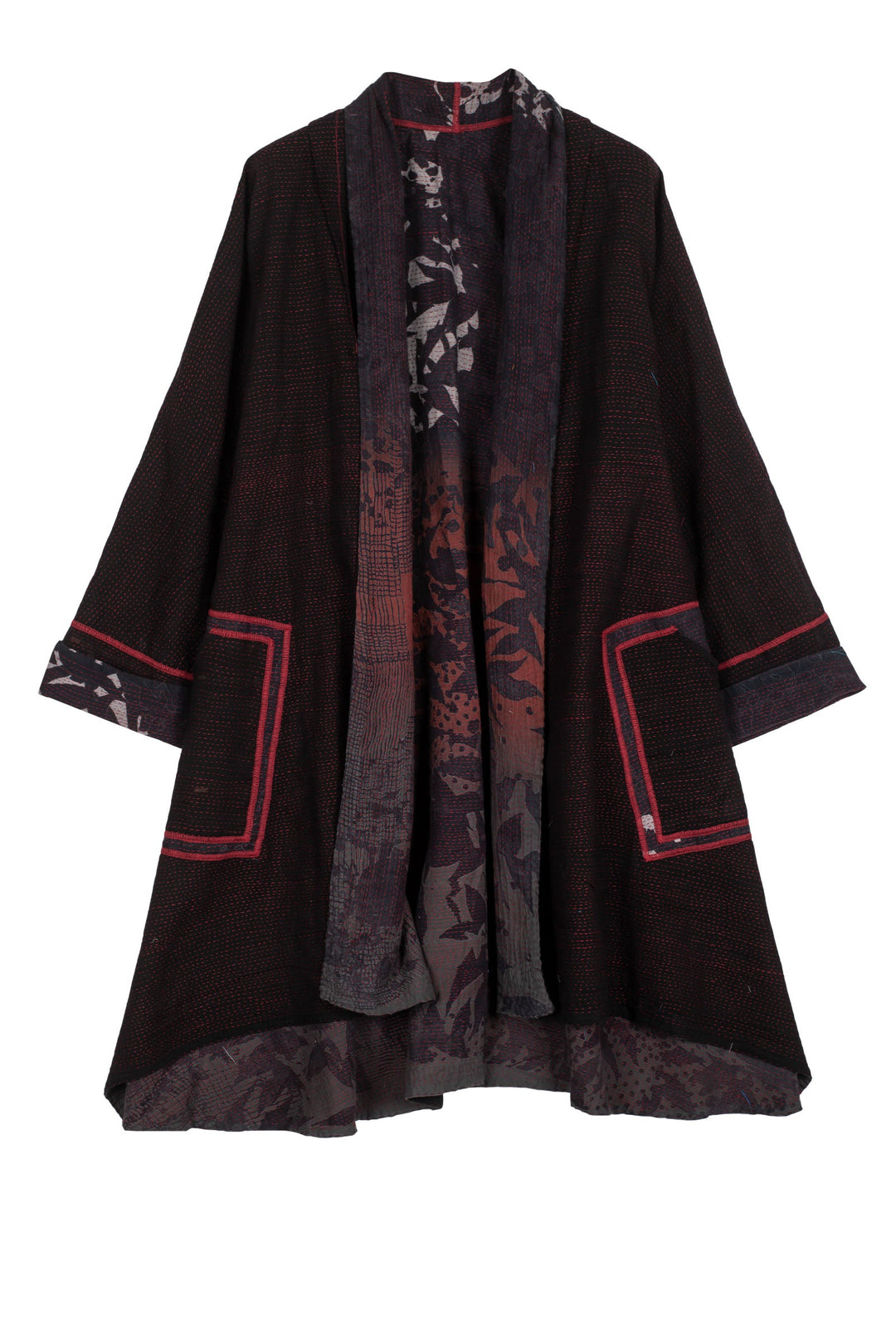 MONOTONE TWILIGHT PRINT KANTHA KIMONO LONG JACKET - tp2005-red -