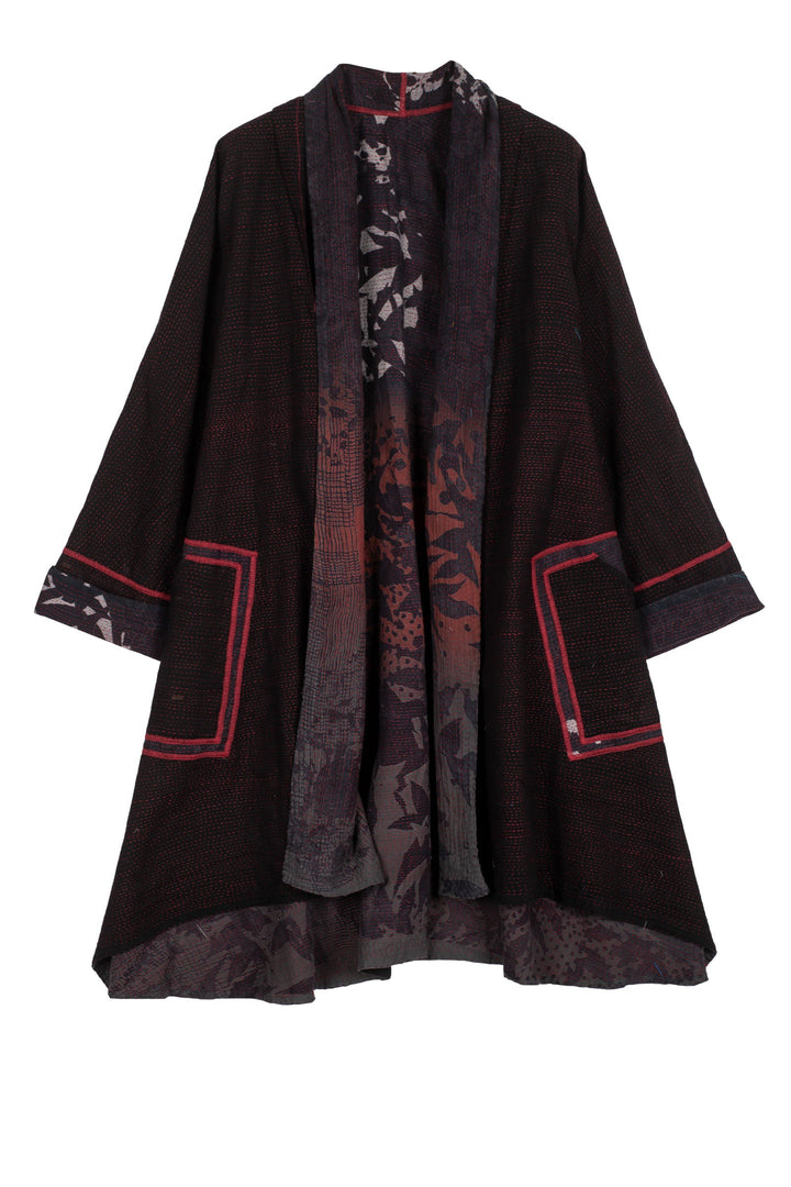 MONOTONE TWILIGHT PRINT KANTHA KIMONO LONG JACKET - tp2005-red -