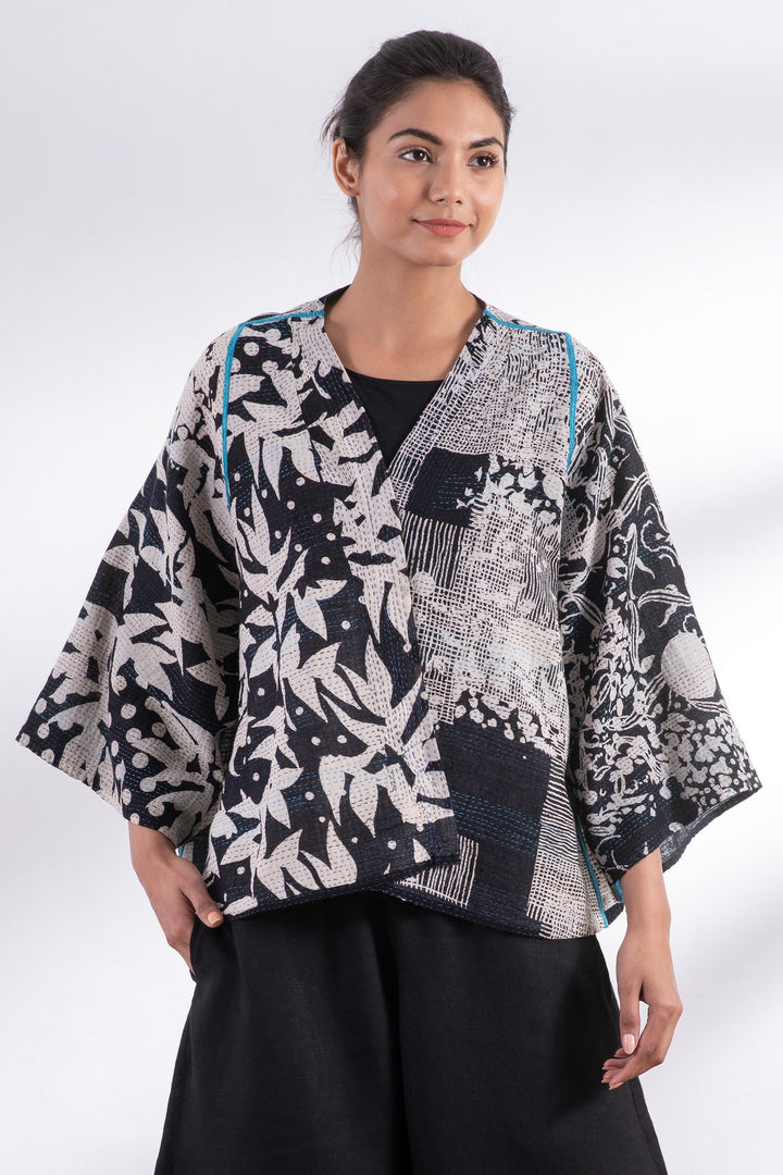 MONOTONE TWILIGHT PRINT KANTHA BELL SHAPE JKT - tp2048-blk -
