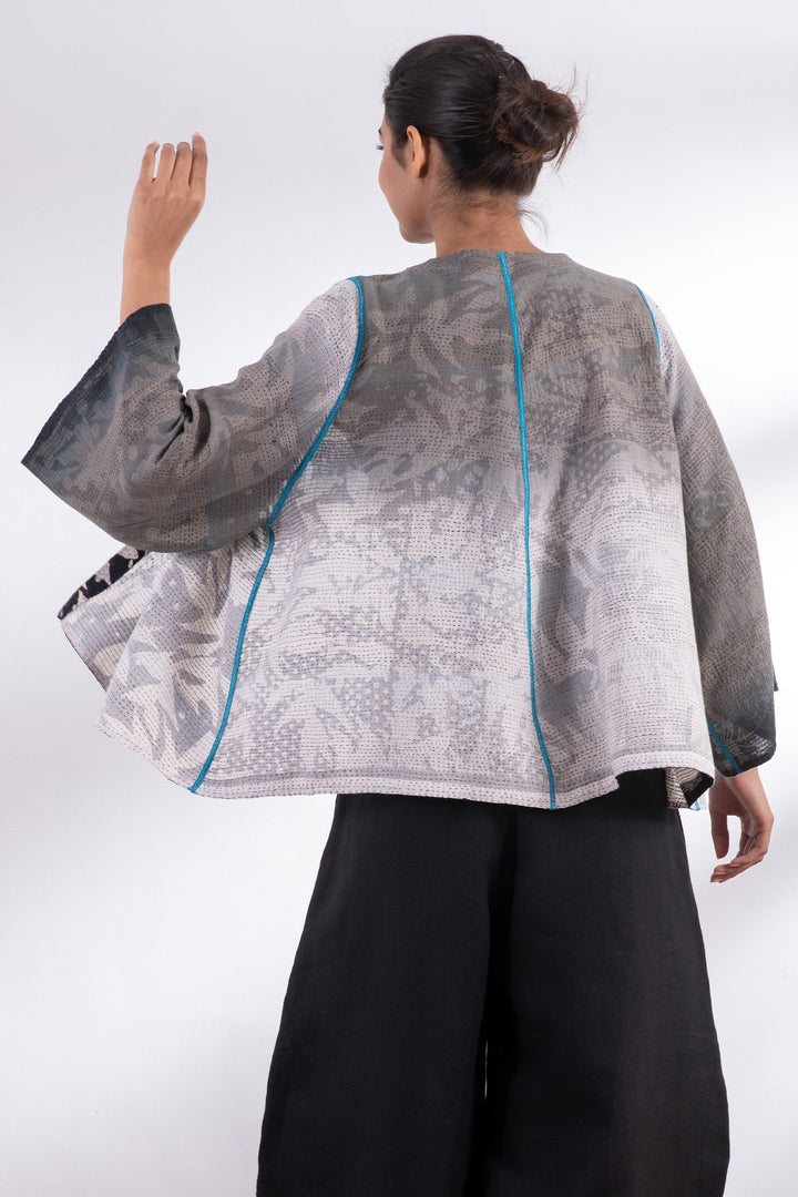 MONOTONE TWILIGHT PRINT KANTHA BELL SHAPE JKT - tp2048-blk -