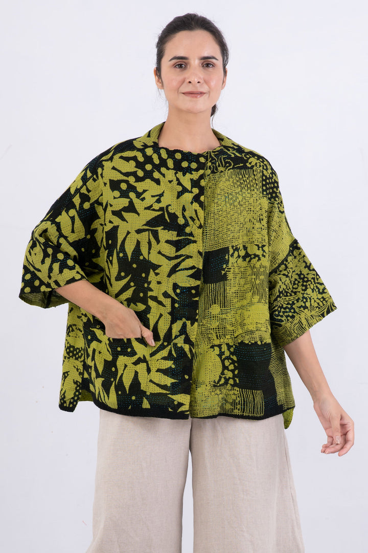 MONOTONE TWILIGHT PRINT KANTHA STRAIGHT NECK JKT - tp2058-cha -