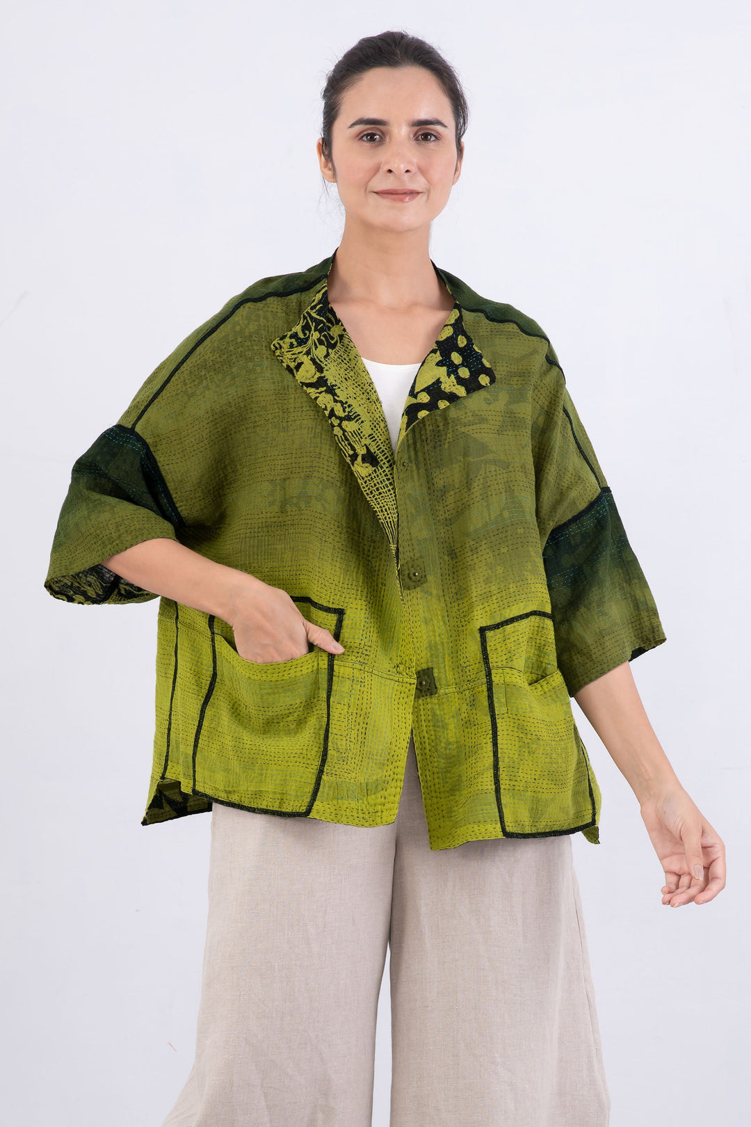 MONOTONE TWILIGHT PRINT KANTHA STRAIGHT NECK JKT - tp2058-cha -