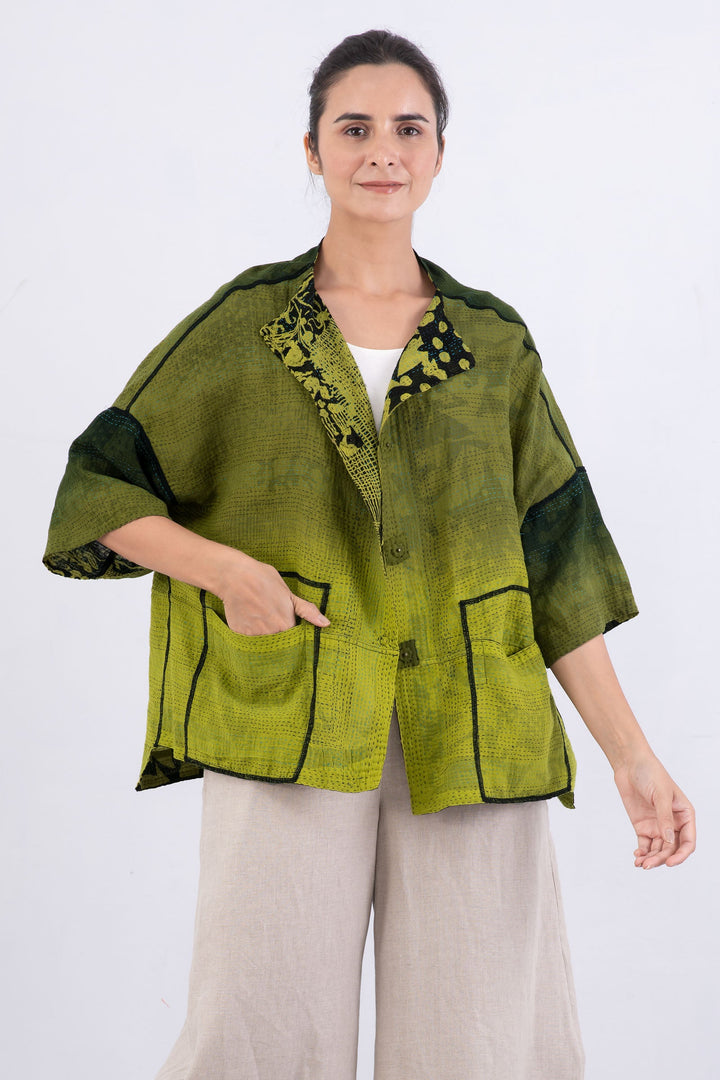 MONOTONE TWILIGHT PRINT KANTHA STRAIGHT NECK JKT - tp2058-cha -
