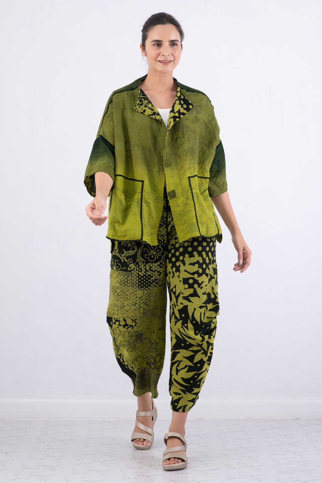 MONOTONE TWILIGHT PRINT KANTHA STRAIGHT NECK JKT - tp2058-cha -