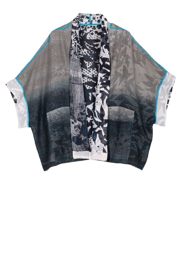 MONOTONE TWILIGHT PRINT KANTHA MINI PONCHO - tp2060-wht -