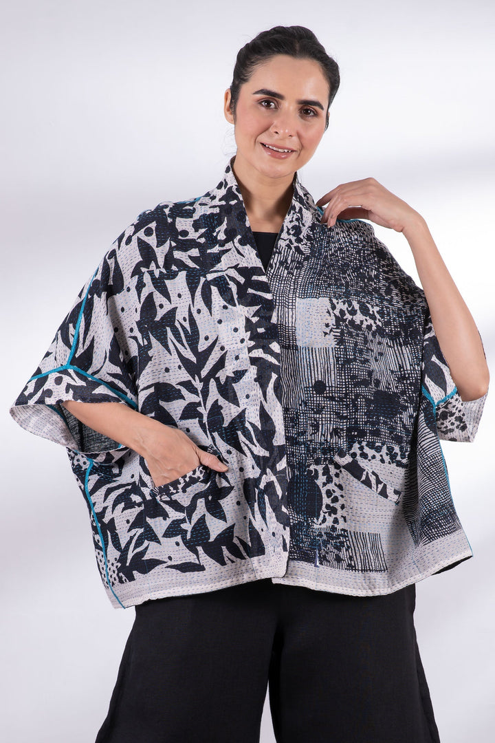 MONOTONE TWILIGHT PRINT KANTHA MINI PONCHO - tp2060-wht -
