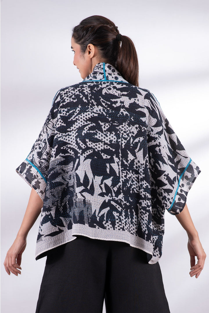 MONOTONE TWILIGHT PRINT KANTHA MINI PONCHO - tp2060-wht -