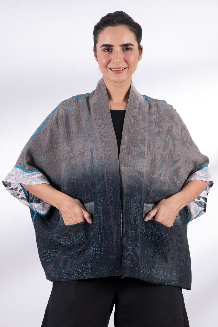 MONOTONE TWILIGHT PRINT KANTHA MINI PONCHO - tp2060-wht -